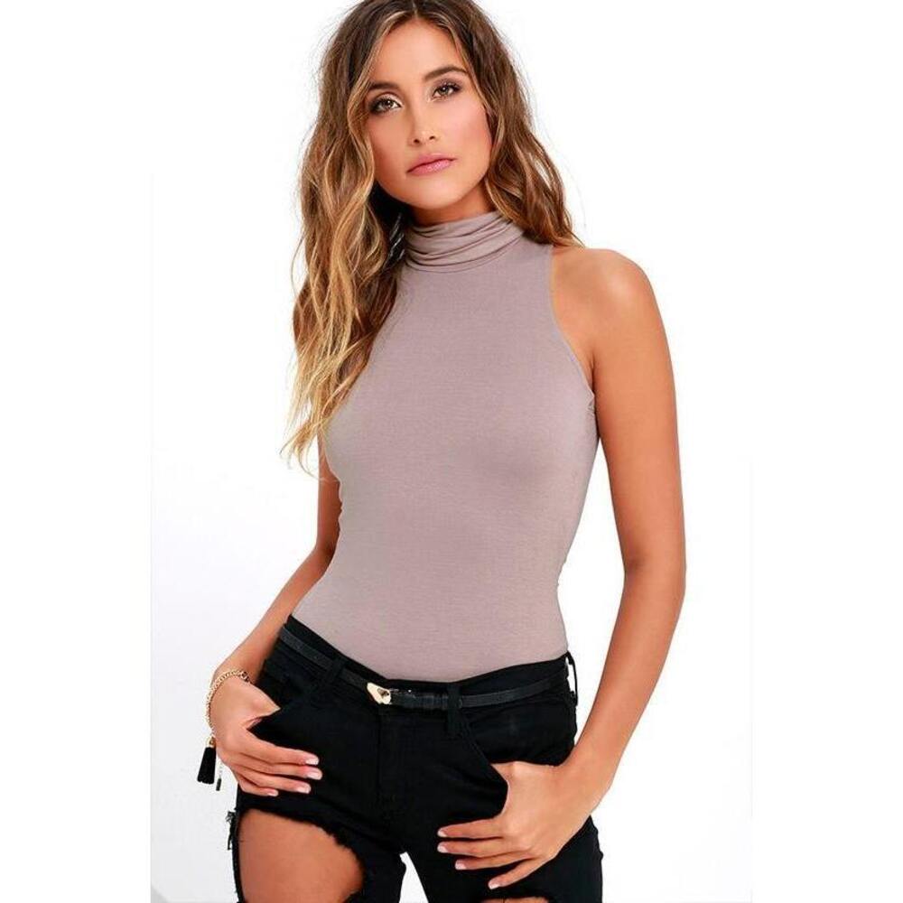 Lulus Basics Alive And Kicking Taupe Sleeveless Turtleneck Top Grey - Size Large
